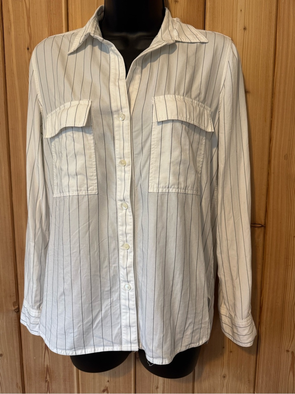 Babaton White Button-Down Utility Shirt with Thin Gray Pinstripes